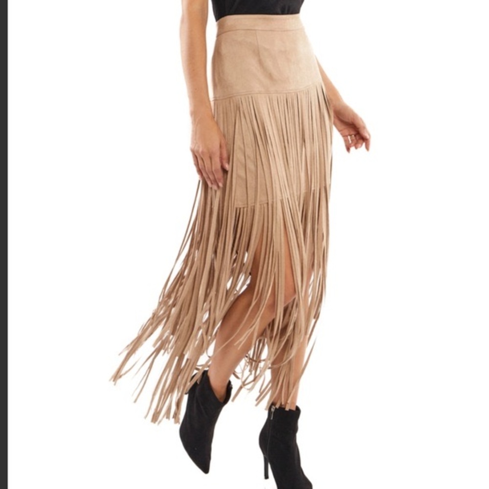 Adore Tan Fringe A-Line Midi Skirt